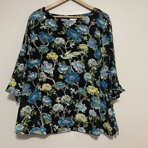 J. Jill Chinoiserie Floral Tunic Blouse 2X Crepe Asian Inspired Black Bow Sleeve